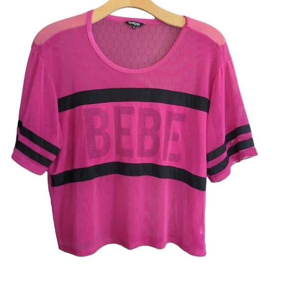 Bebe Sport Women's 3X Sporty Fishnet Tee Shirt Black Pink Logo Workout Athletic - Picture 5 of 5